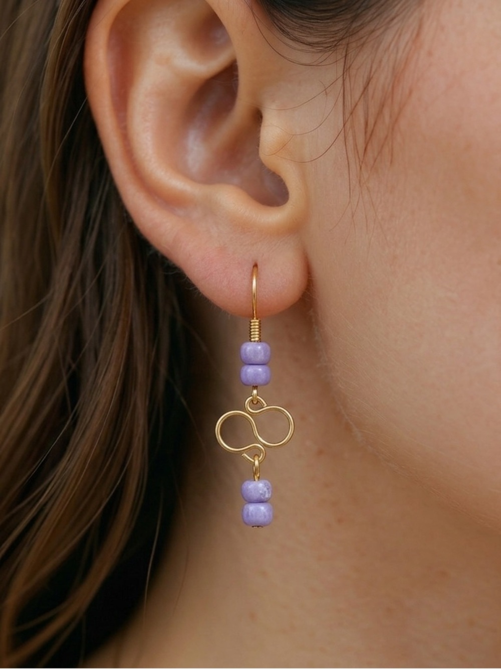 Gold and Purple Beaded Infinity Earrings - Picture 11 of 11